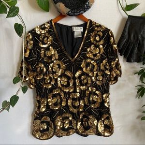 VINTAGE • Silk Sequin Dress Blouse Evening Sparkle Pearl Top Formal Floral M
